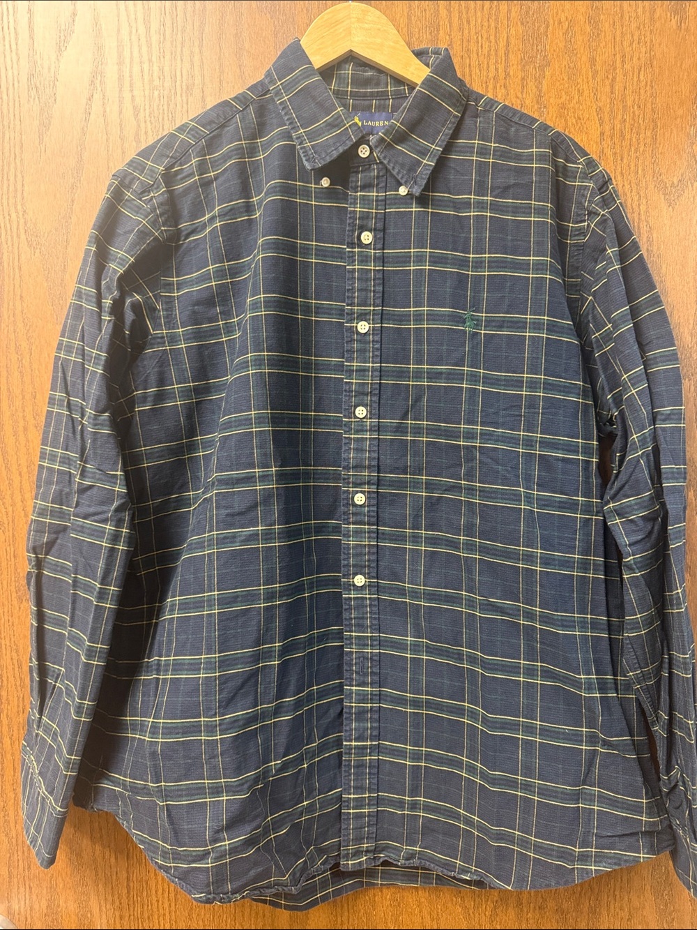 Ralph Lauren Navy Plaid Button-Down Shirt with Green Accents